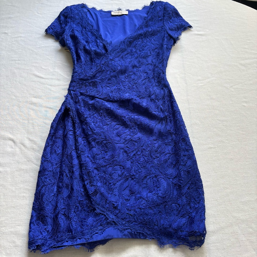 Emilio Pucci Lace V Neck Mini Dress Blue Made in Italy Designer 8